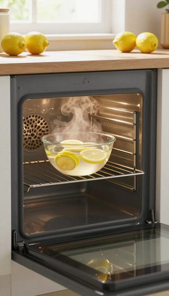 Oven interior with steaming lemon water in a glass bowl, natural light, clean kitchen