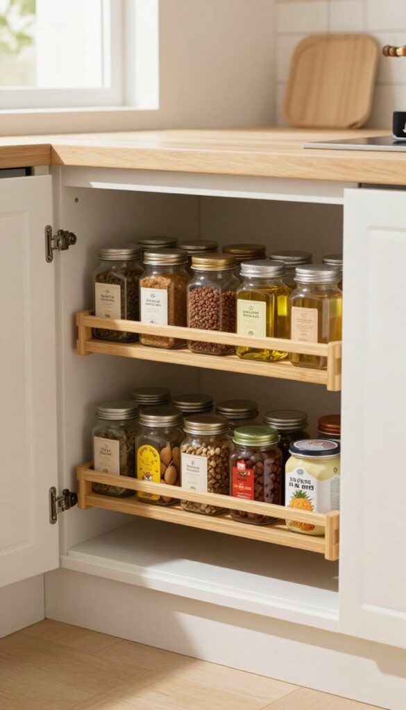Open corner cabinet with a two-tier bamboo lazy Susan holding jars and cans, bright natural light, organized pantry storage