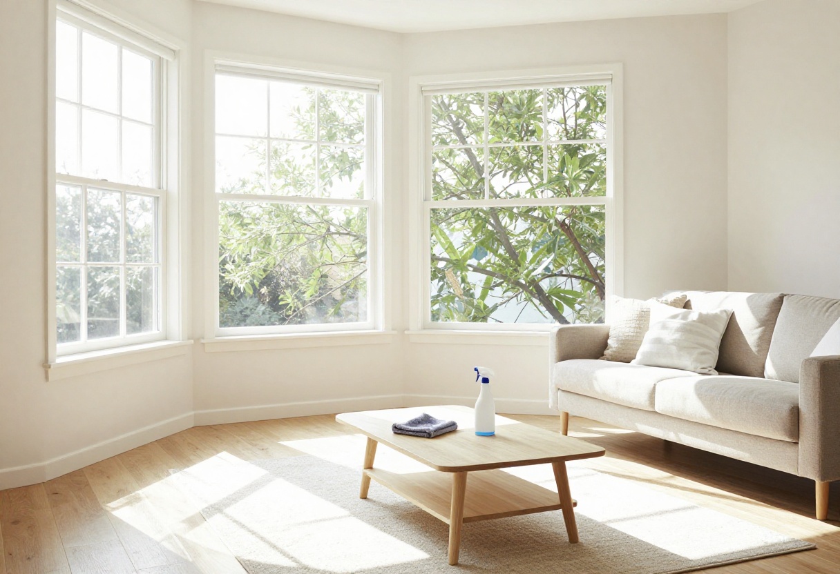 Clean living room with cleaning supplies on coffee table