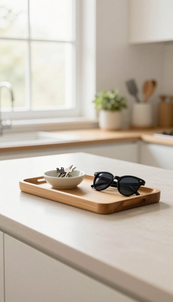Kitchen counter with a wooden tray acting as a drop zone for keys, wallet, and sunglasses, keeping the surface organized and clutter-free.