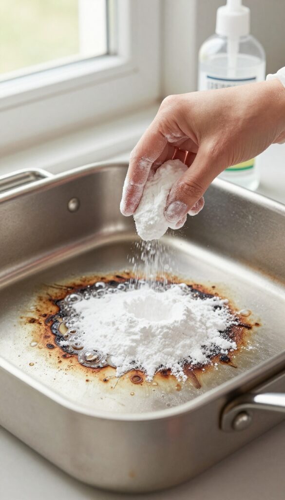 Hydrogen peroxide and baking soda fizzing on a burnt stainless steel pan
