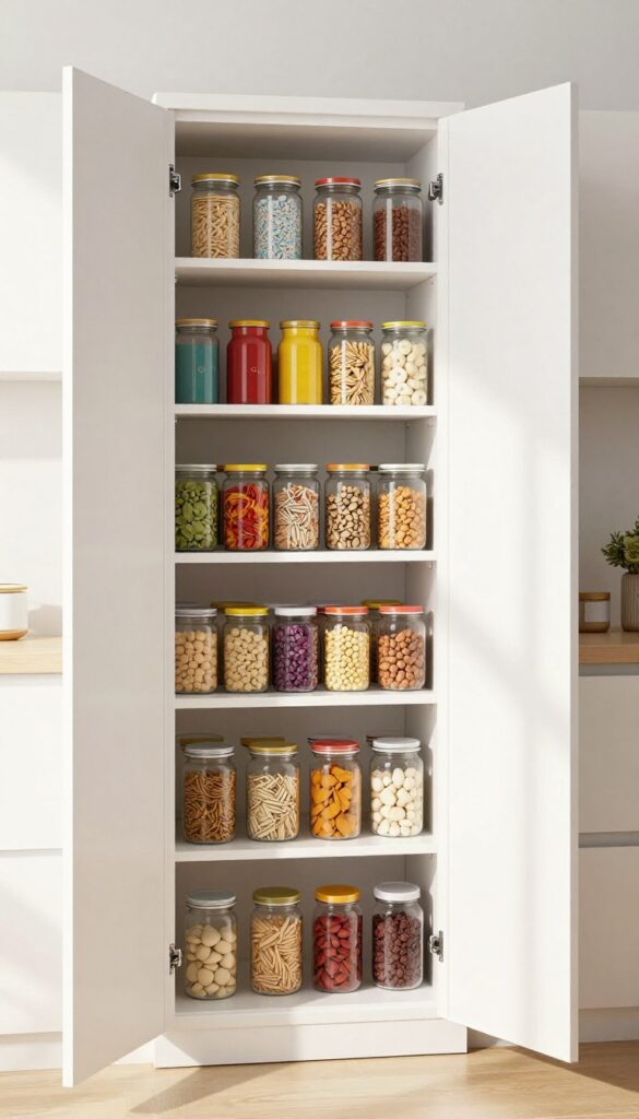 Tall pantry cabinet with pull-out shelves fully extended, organized with cans and jars, natural light.