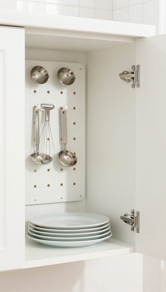 Open cabinet door with pegboard holding measuring spoons, whisk, and peeler