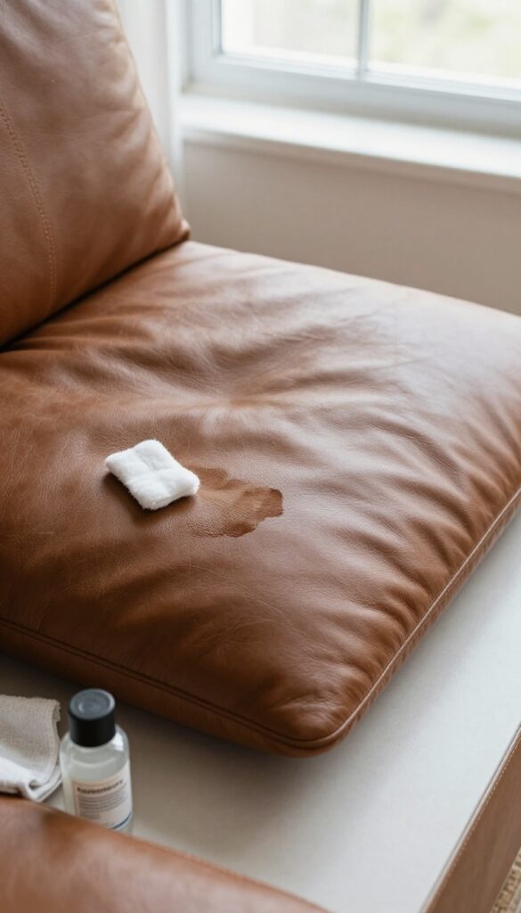 Cleaning ink stain on leather couch with rubbing alcohol and cotton swab