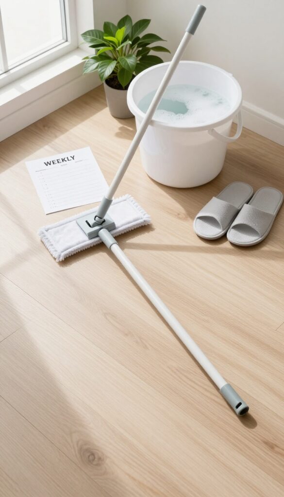 Top-down view of a clean wooden floor with mop, bucket, and weekly checklist card, bright natural light.