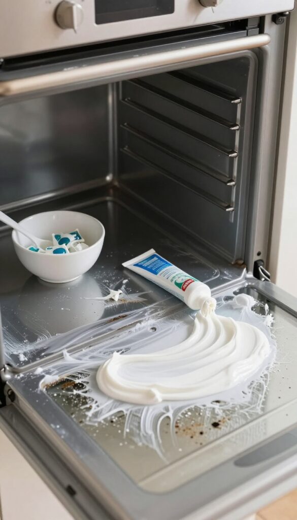 Applying a homemade paste from a dishwasher pod to stubborn grease spots inside an oven