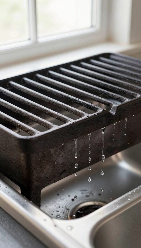 Close-up of a wet cast iron stove grate being dried with a towel in a bright kitchen sink