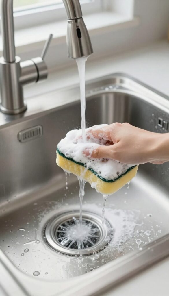 Close-up of scrubbing a kitchen sink with dish soap and baking soda paste