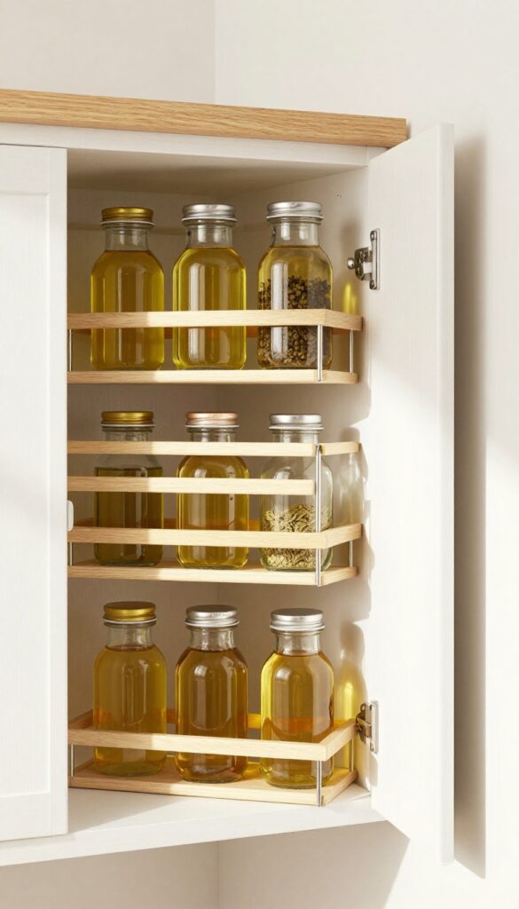 Over-the-door wire rack in a small pantry holding jars and bottles, maximizing door space for storage.