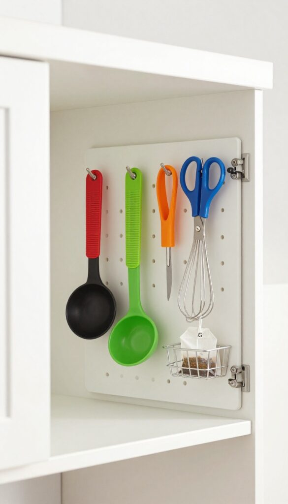 Pegboard inside cabinet door holding kitchen tools