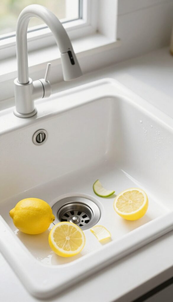Fresh lemon peels in kitchen sink drain for natural deodorizing