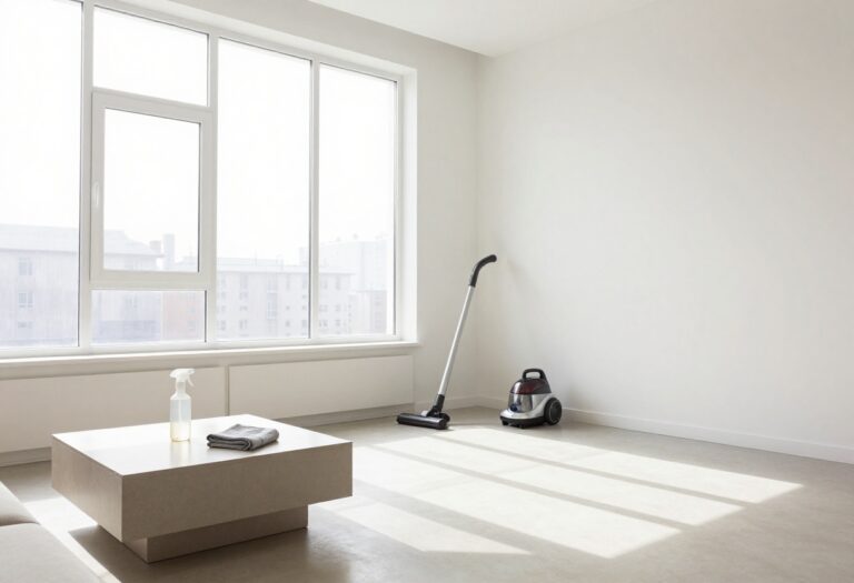 Bright living room with cleaning supplies ready for deep cleaning