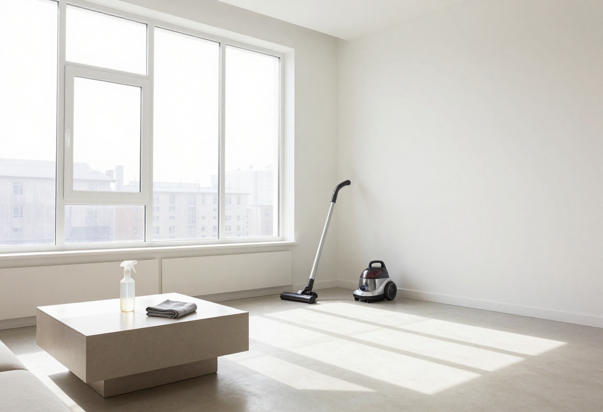 Bright living room with cleaning supplies ready for deep cleaning