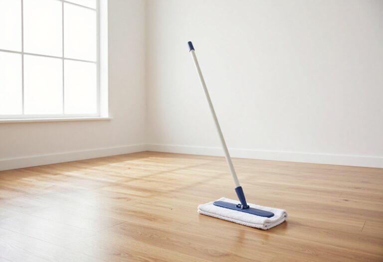 Person mopping a shiny hardwood floor with a microfiber mop