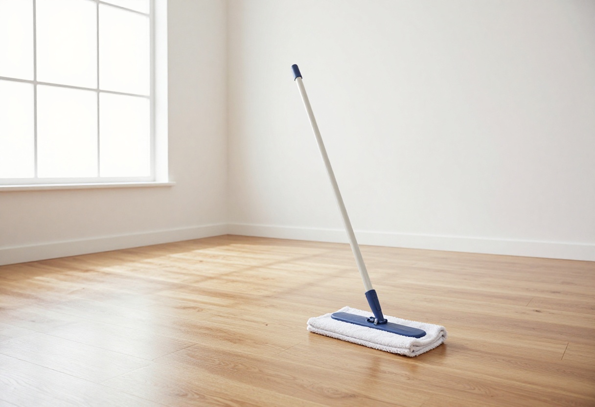Person mopping a shiny hardwood floor with a microfiber mop