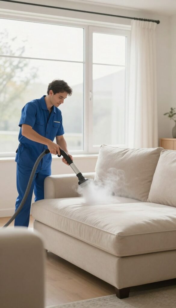 Professional upholstery steam cleaning of a beige sofa in a bright living room