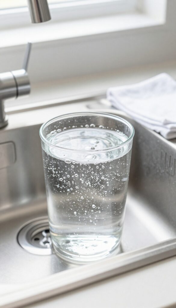 Stainless steel sink filled with club soda and water, with bubbles and a microfiber cloth, clean and shiny.