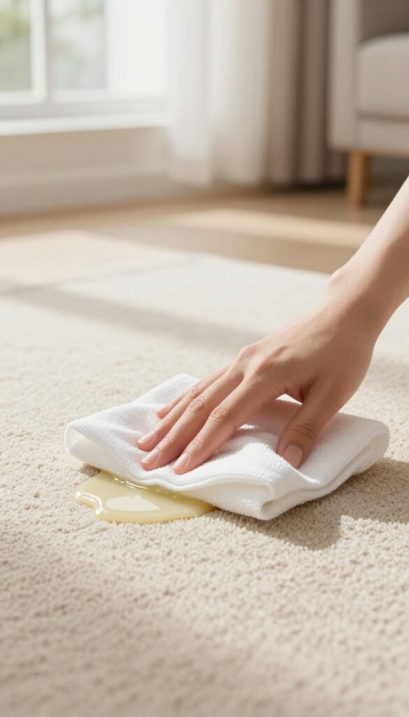 Hand blotting a spill on a beige wool rug with a white cloth, natural light, clean living room setting.