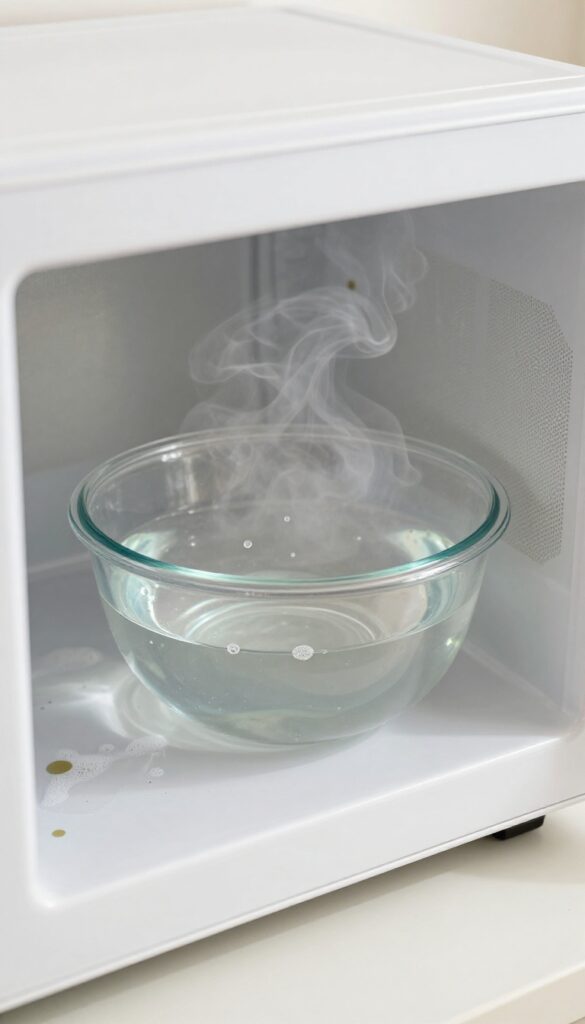 Microwave interior with steaming bowl of water and dish soap for cleaning splatters.