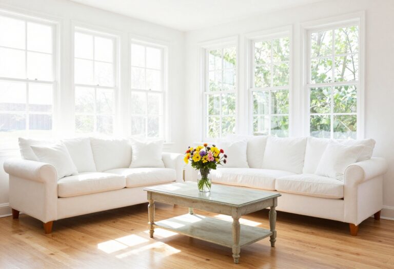 Bright living room after spring cleaning with sunlight, clean windows, and fresh flowers