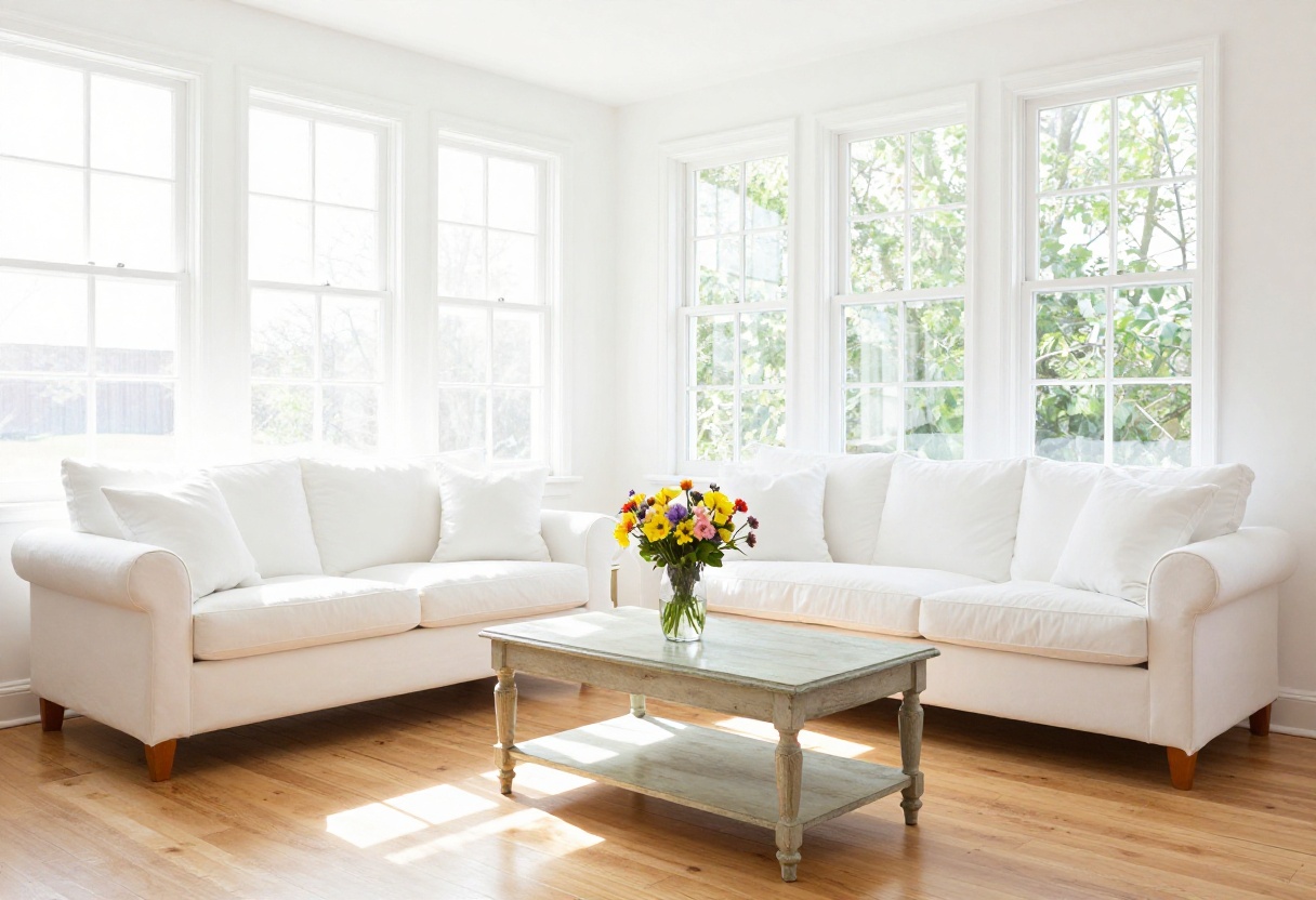 Bright living room after spring cleaning with sunlight, clean windows, and fresh flowers