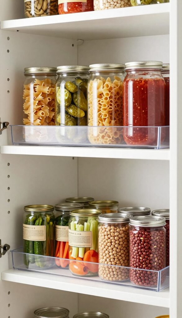 Pantry shelf with adjustable clear plastic risers organizing cans and jars in two visible tiers