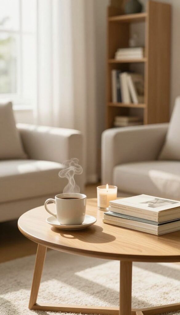 Cozy living room with coffee, candle, and book on coffee table, representing a reward for a clean home