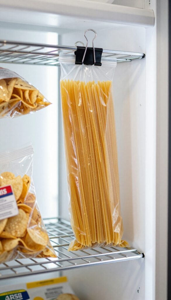 Binder clips sealing and clipping bags of pasta and chips to wire shelves in a camper pantry