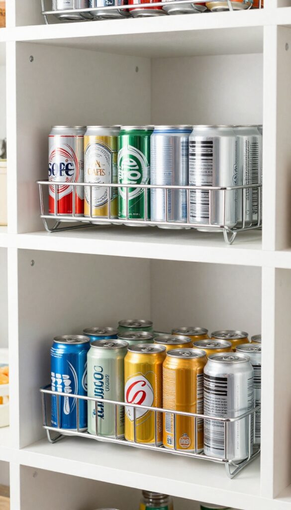 Stackable can racks on a deep pantry shelf holding colorful soda cans in neat rows
