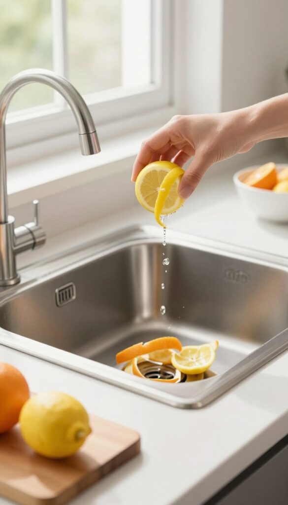 Hand dropping citrus peels into a garbage disposal in a clean kitchen sink