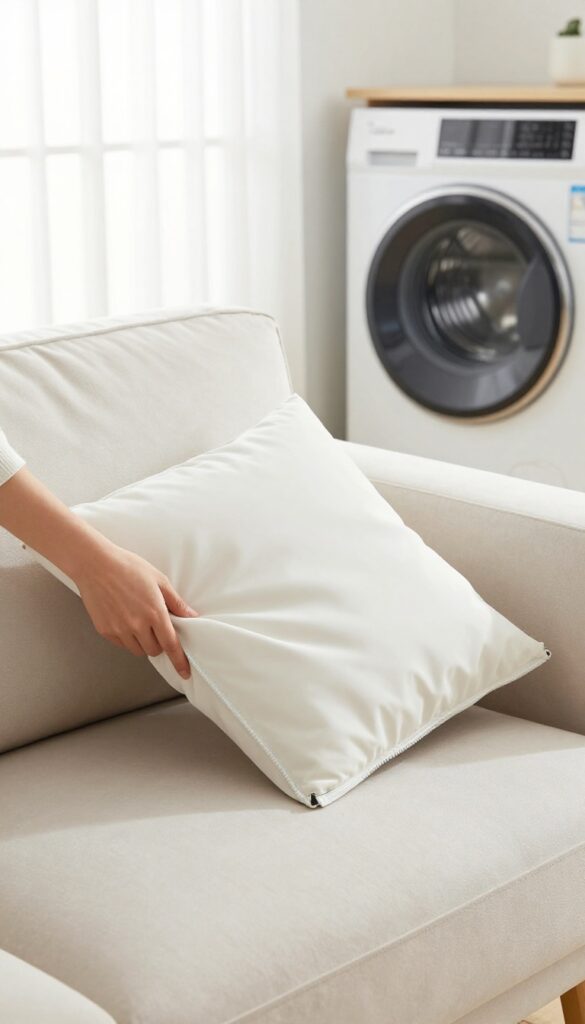 Person removing a zip-off cushion cover from a sofa near a washing machine in a bright, clean living room.