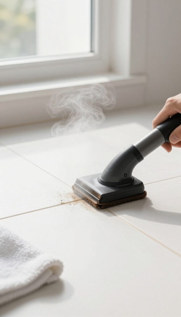 Steam cleaner cleaning grout on tile floor