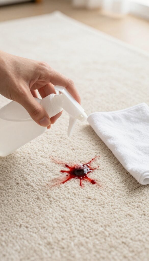Hydrogen peroxide being applied to a dried blood stain on a beige rug