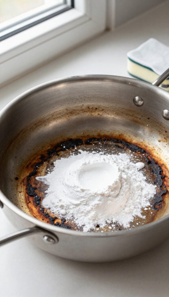 Baking soda paste in a bowl next to a burnt stainless steel pan and a damp sponge on a kitchen counter