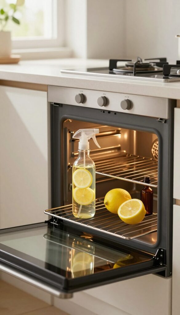 Essential oil infused cleaning spray in a glass bottle with lemons and tea tree oil on an oven rack, bright natural light, clean kitchen.