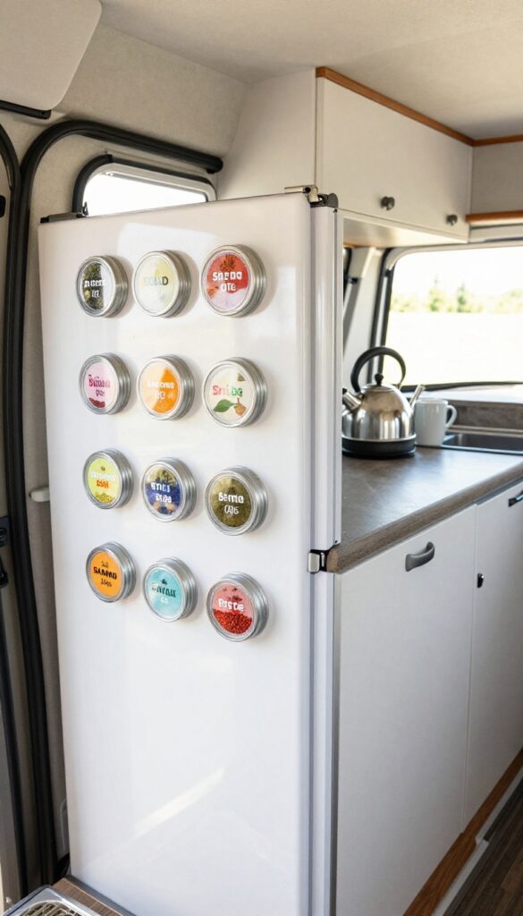 Magnetic spice jars stuck to the side of a refrigerator in a camper van kitchen, with clear labels and bright natural light.