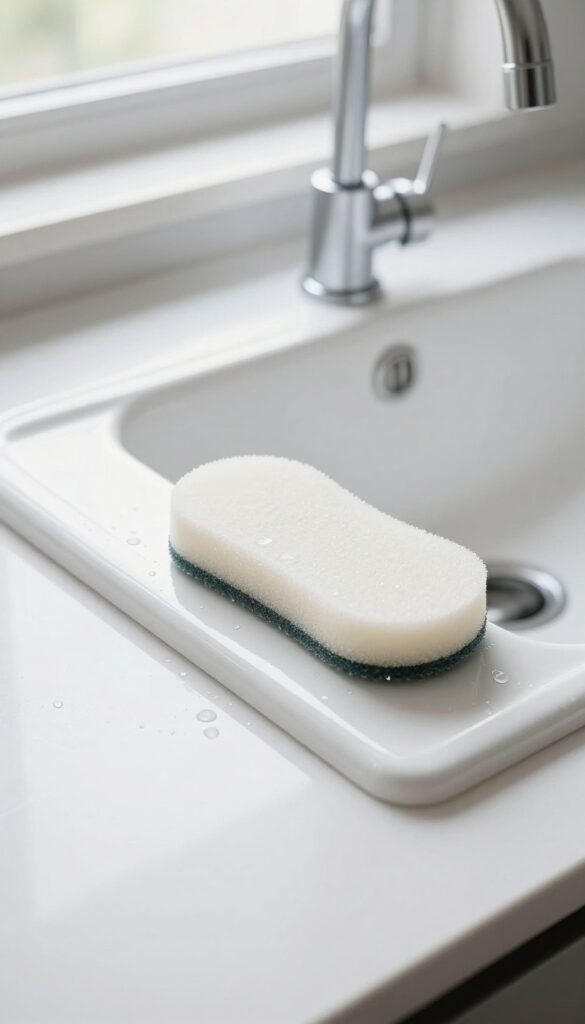 White porcelain sink with sponge and water droplets, bright natural light, clean kitchen decor