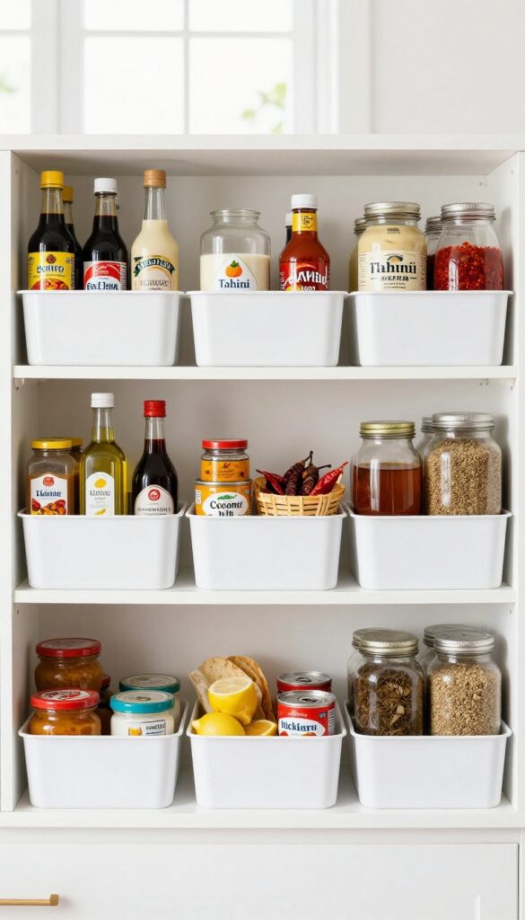 Organized pantry shelf with Asian, Latin, and Middle Eastern ingredients in clear bins and baskets, bright natural light.