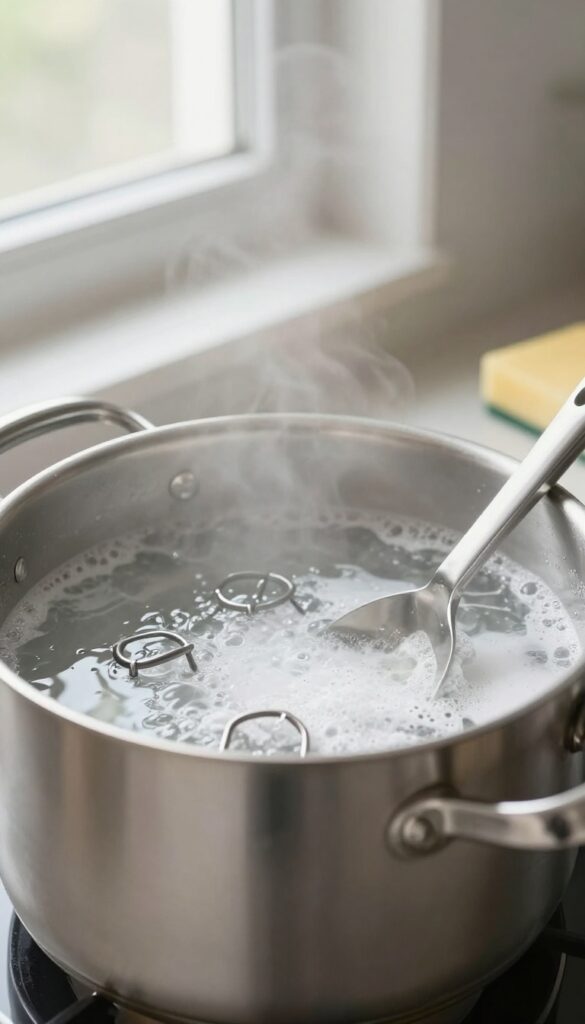Boiling water and baking soda cleaning stove grates in a large pot