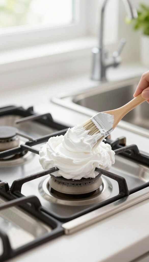 Gas stove grate with baking soda paste applied, natural light, clean kitchen background