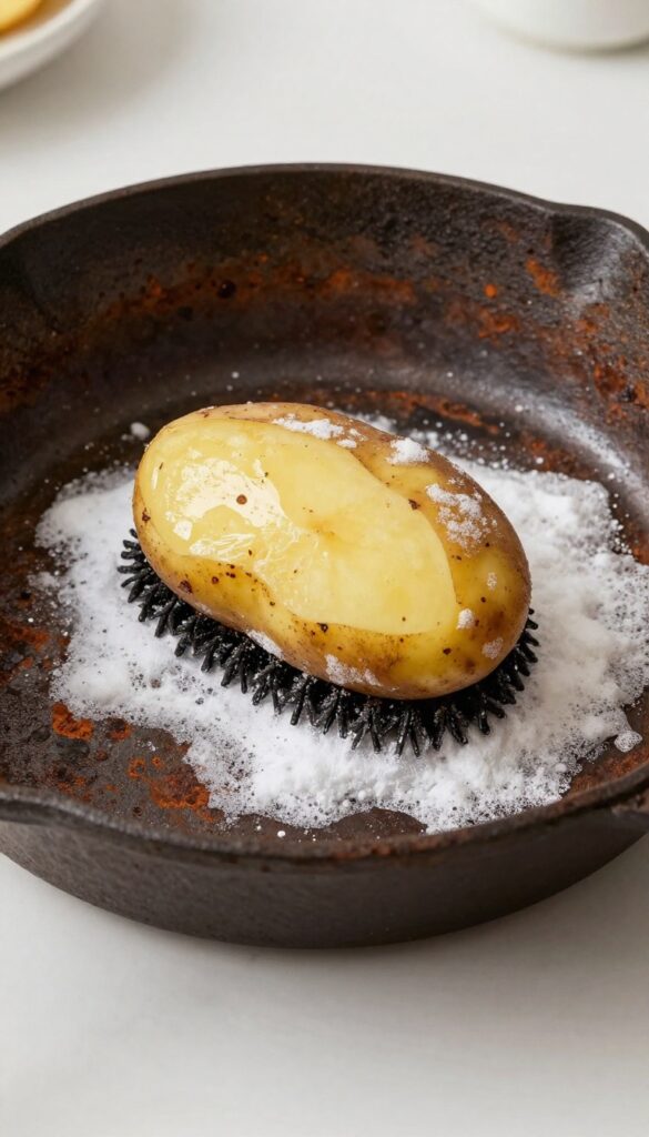 Rusty cast iron skillet being scrubbed with a potato half dipped in baking soda