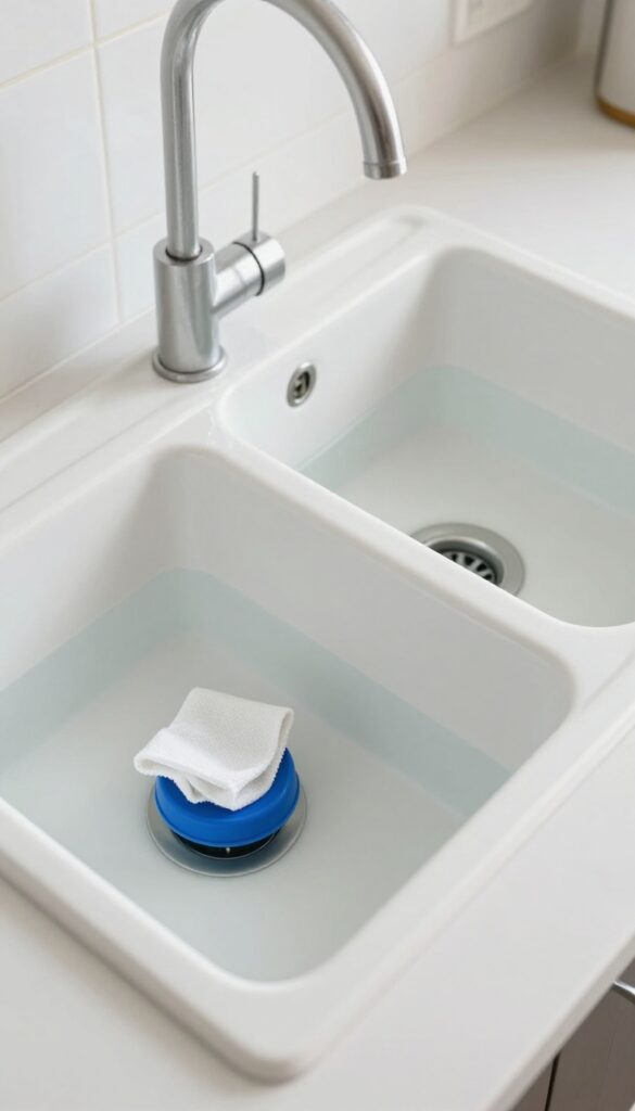 Double kitchen sink with one side filled with water and a plunger on the other drain, cloth blocking the filled side