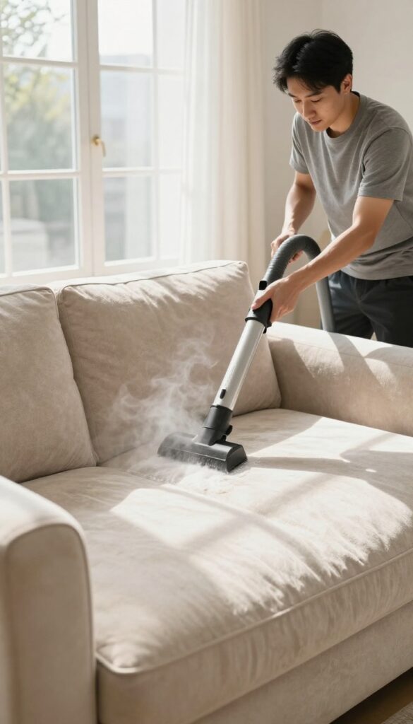 Professional steam cleaning a beige sofa in a bright living room