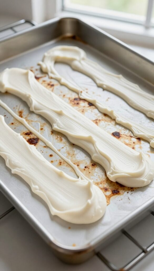 Baking soda paste applied to burnt cookie sheet, placed in warm oven for cleaning