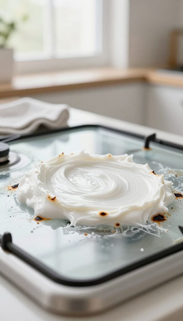 Baking soda paste applied to burnt food on a glass stove top