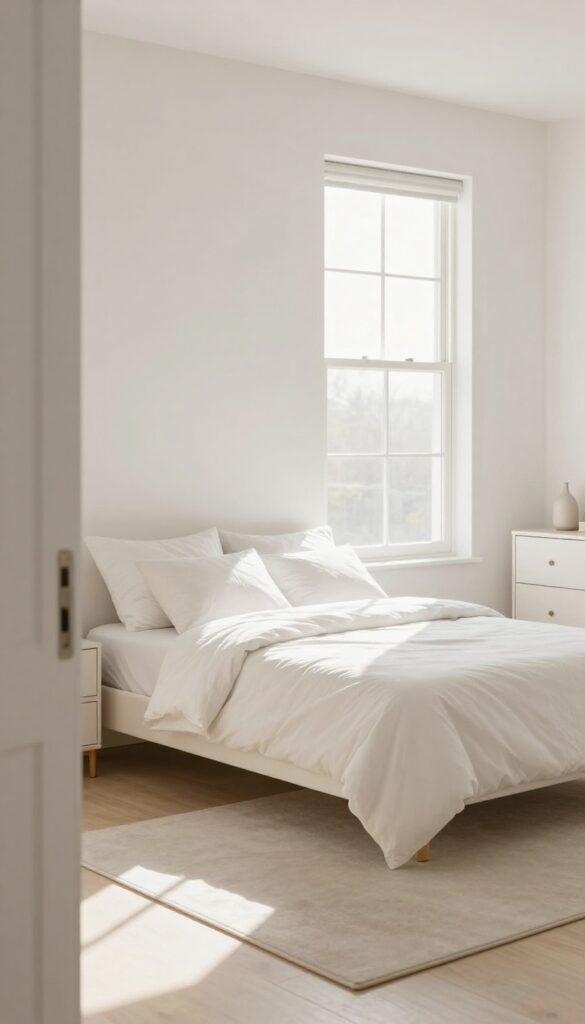 Clean and organized bedroom viewed from the doorway with natural light, bed made, surfaces clear, rug straight.