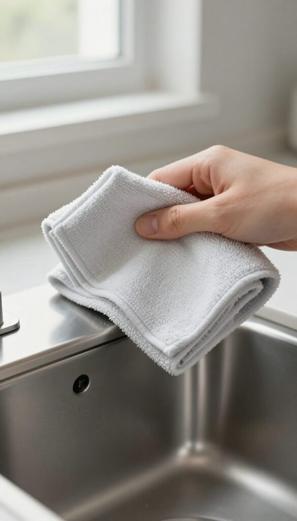 Hand wiping oven interior with a microfiber cloth