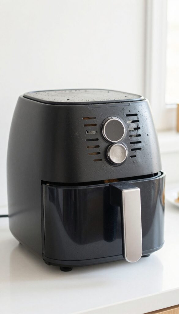 Close-up of air fryer air vents with dust and grease buildup