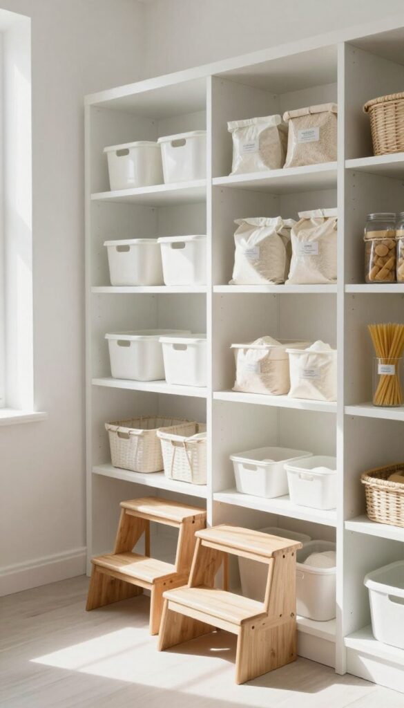 A step stool placed next to tall pantry shelves with organized bulk items and baskets on the top shelves.