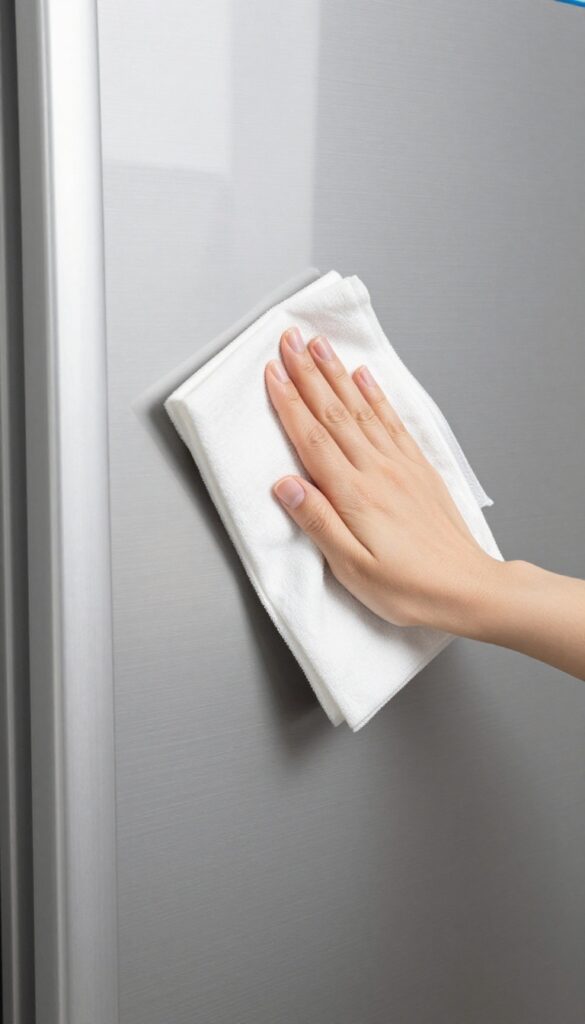 Person wiping a stainless steel fridge with a dryer sheet to remove dust and add shine